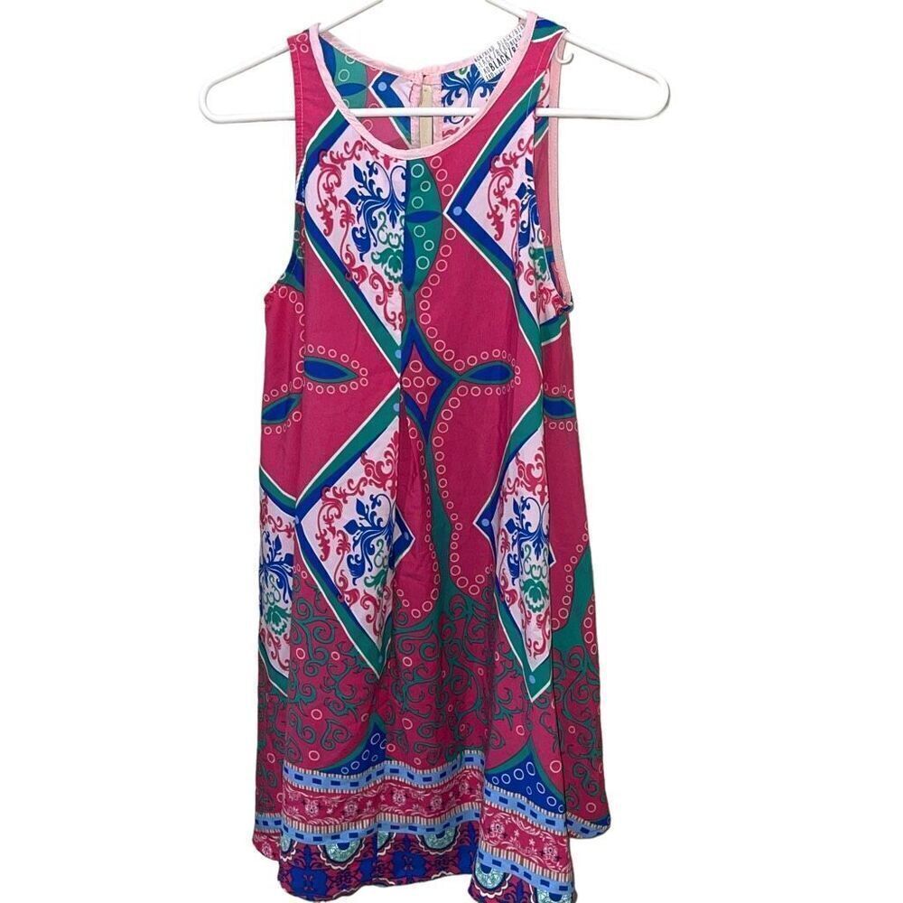 Black Bead Bright Pink, Green & Blue‎ Patterned Sun Dress - Size Small